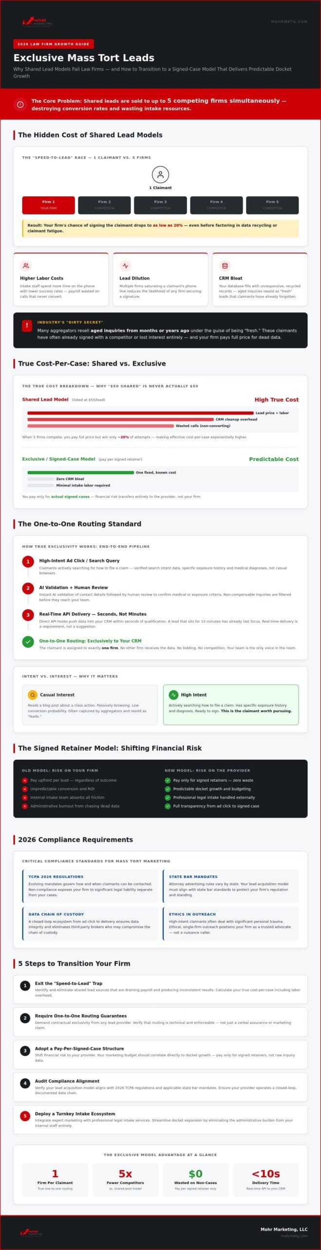 Infographic detailing the hidden costs and risks of shared tort lead models versus exclusive mass tort leads, using charts, icons, and text blocks to compare lead quality, conversion rates, compliance, and financial impact for law firms—a must-read 2026 guide to performance-based case acquisition. Exclusive mass tort leads: a 2026 guide to performance-based case acquisition