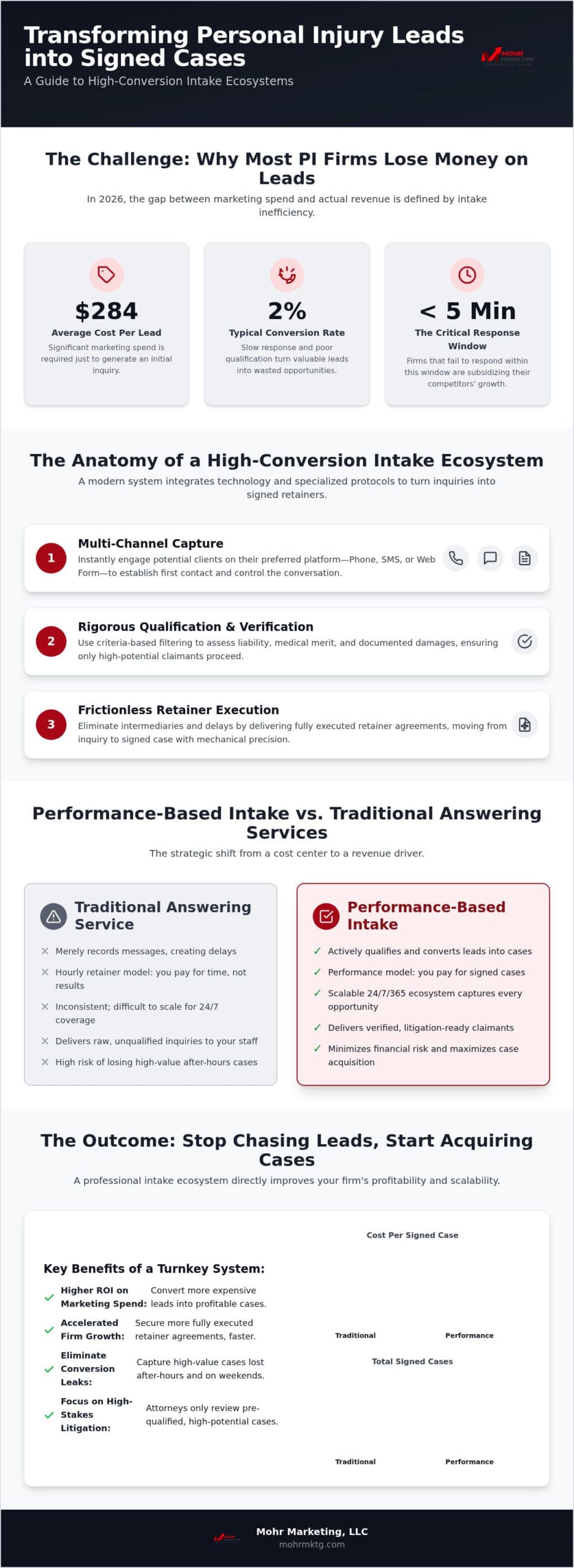 An infographic explaining how pi firms can turn more leads into signed cases with high-conversion multi-channel systems, rigorous qualification, modern personal injury intake services platforms, and performance-based case acquisition compared to traditional answering services. Personal injury intake services: a 2026 guide to high-conversion case acquisition