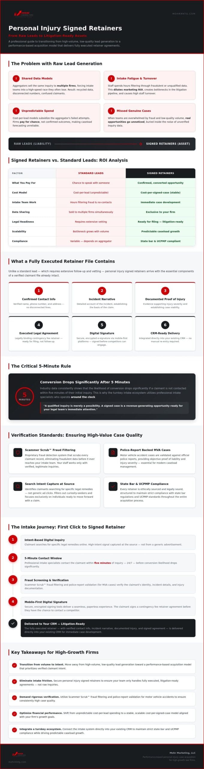 Infographic on personal injury signed retainers, exploring the case acquisition process by comparing raw leads vs. Signed retainers, roi analysis, file content, the 5-minute rule, quality verification, intake journey steps, and key takeaways for firm growth. Personal injury signed retainers: the strategic guide to scalable case acquisition in 2026
