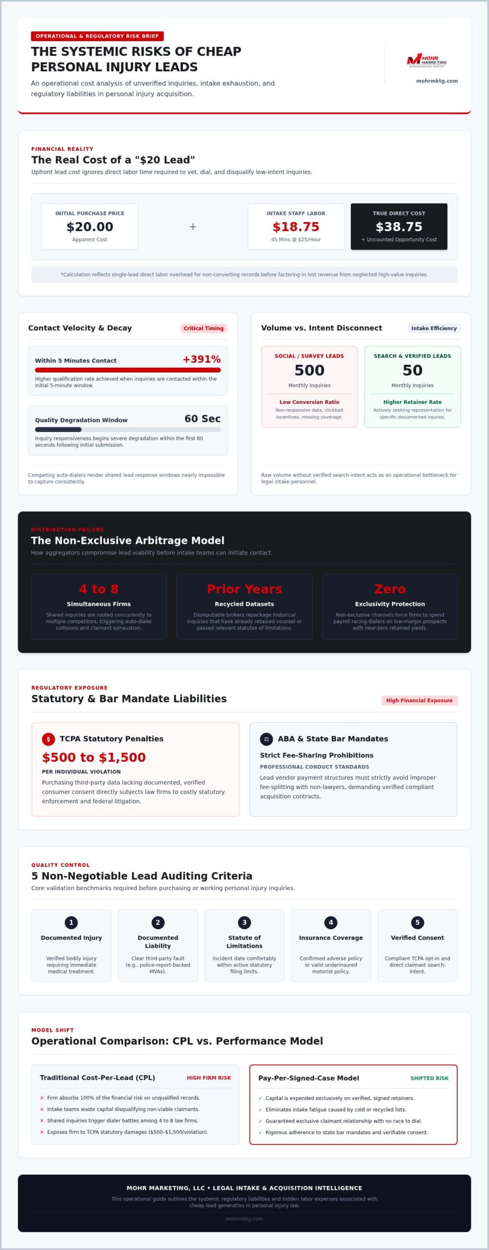 Infographic explaining the risks of cheap personal injury leads, including cost breakdowns, fraud rates, legal liabilities, and a comparison between traditional cpl and pay-for-performance lead models. This resource highlights the importance of quality acquisition for any law firm seeking sustainable growth. The hidden risks of cheap personal injury leads: a law firm’s guide to quality acquisition