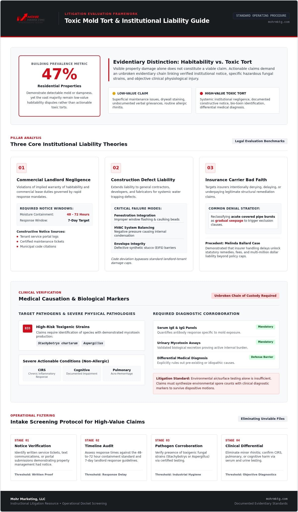 Infographic guide on toxic mold tort and institutional liability. It summarizes prevalence, liability theories, medical causation/biomarkers, and offers a flowchart for high-value plaintiff screeningβmaking it an essential tool for scaling your firm or generating high-quality mold case leads. Red, white, and black color scheme. Scaling your firm with high-quality mold case leads